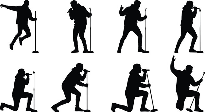 Silhouette singer performing with microphone stand, dynamic stage poses, concert energy, live music performance, expressive body language, entertainment illustration, vector art