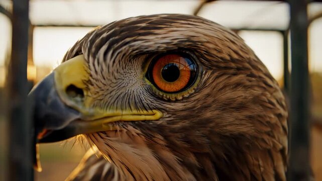 Close-up of a majestic hawk in a cage, golden hour light.
