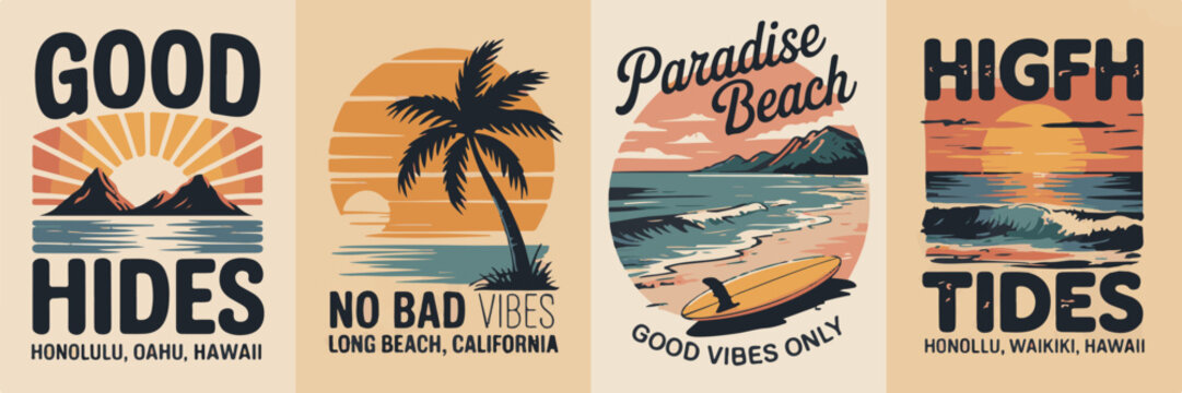 Retro beach posters featuring tropical landscapes, surfboards, mountains, sunsets for vacation and good vibes