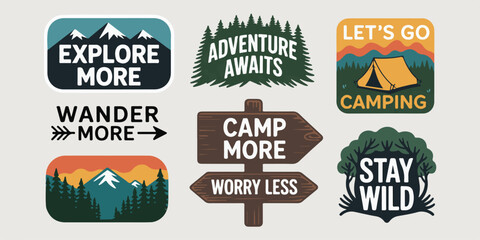 Fototapeta premium Outdoor adventure slogans and icons, depicting mountains, forests, tents, and signposts for camping and hiking