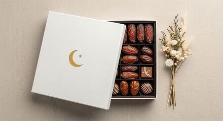 Top View of Minimalist Ramadan Gift Box Filled with Premium Dates and Chocolates next to Dried Flowers, Concept of Eid Mubarak Hampers and Islamic Gifting.