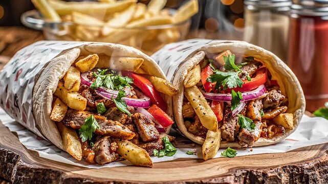 Two delicious gyros wraps with fries and fresh vegetables