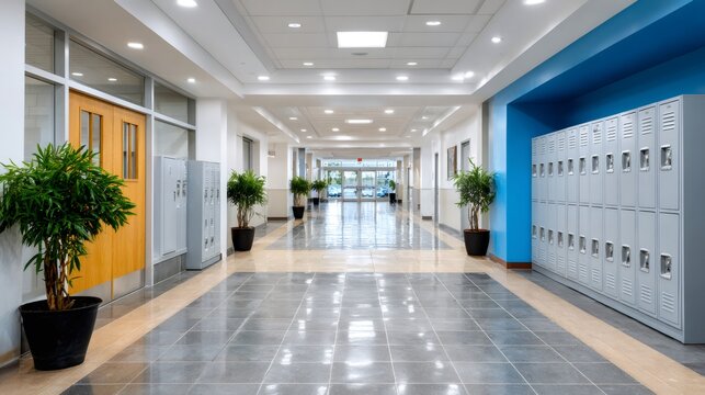 Modern empty school hallway with lockers and plants