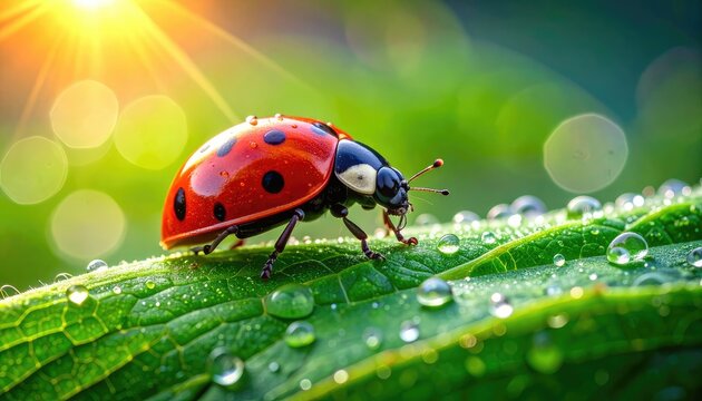 Vibrant Macro Shot of a Ladybug on a Dew-Covered Leaf Under Sunlight