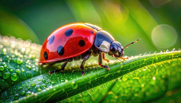 Vibrant macro shot of a ladybug resting on a dew-covered green leaf with soft bokeh background.
