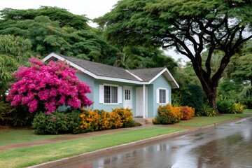Tropical bungalow house with bougainvillea blooming on rainy street