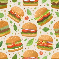 Eco-friendly seamless pattern of sustainable-ingredient burgers - whole wheat buns