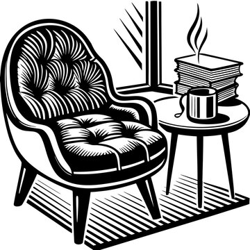 Mid-Century Armchair with Book Stack and Steaming Cup Vector &mdash; Retro Reading Nook Icon
