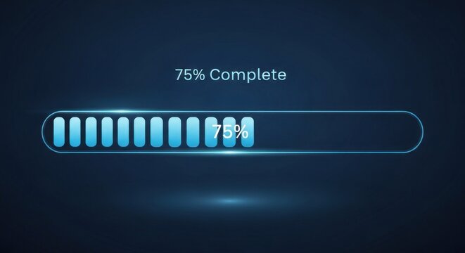 A glowing blue loading bar with 75% complete on a dark blue background.