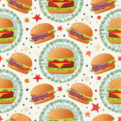 High-energy seamless vector pattern of retro diner burgers and neon-accent ingredients