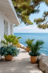Fototapeta premium Serene coastal villa terrace with ocean view