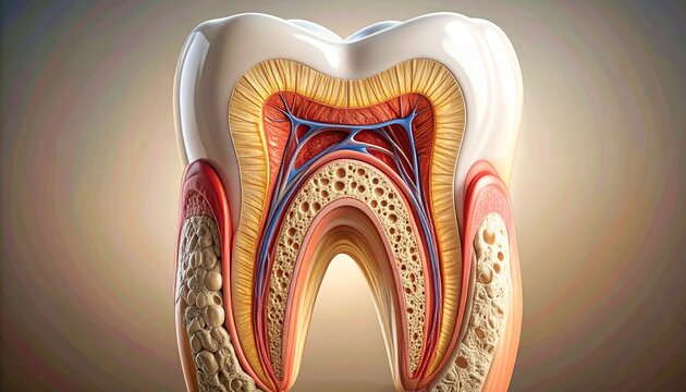 Tooth Anatomy: A detailed cross-section of a human tooth reveals intricate layers, from the enamel to the pulp, offering an educational look at dental structure.