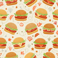 High-energy seamless vector pattern of retro diner burgers and neon-accent ingredients