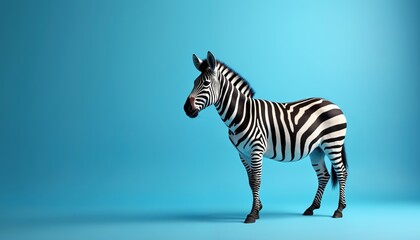 Fototapeta premium Zebra stands alone against vibrant blue background. Striking black, white stripes create bold contrast, offering ample copy space for design projects. Elegant equine isolated in studio setting.