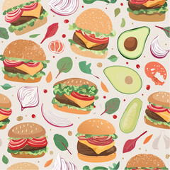 Minimal seamless vector pattern of gourmet veggie burger ingredients