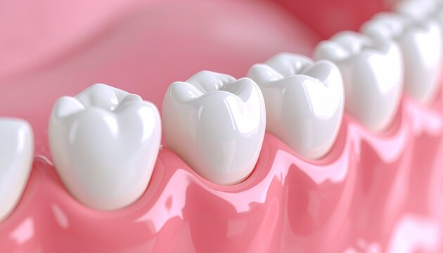 Dental Delight: A macro shot showcases a row of pristine, pearly-white teeth nestled within the healthy pink gum, symbolizing optimal oral health.