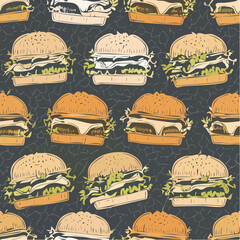 Seamless luxury food-pattern- halved gourmet burgers shown in elegant repetition