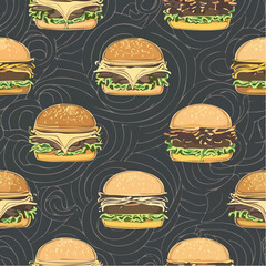 Seamless luxury food-pattern- halved gourmet burgers shown in elegant repetition