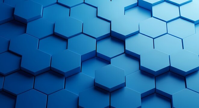 Abstract blue hexagonal pattern with 3D geometric shapes creating depth and texture.