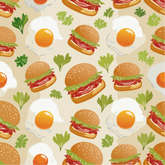 Seamless pattern of breakfast burgers and morning toppings- mini buns, eggs, hash-brown disc