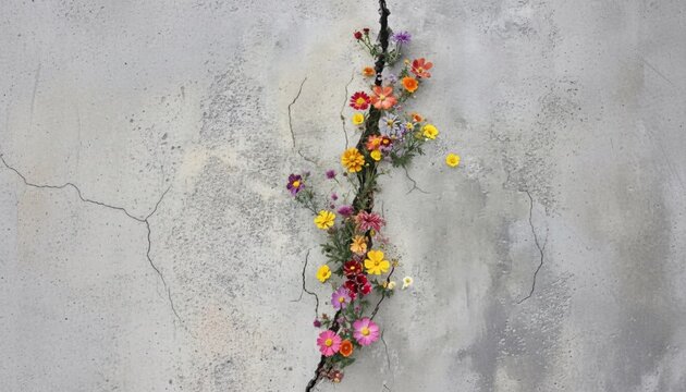 A vibrant bouquet of colorful flowers growing through a crack in a gray concrete surface