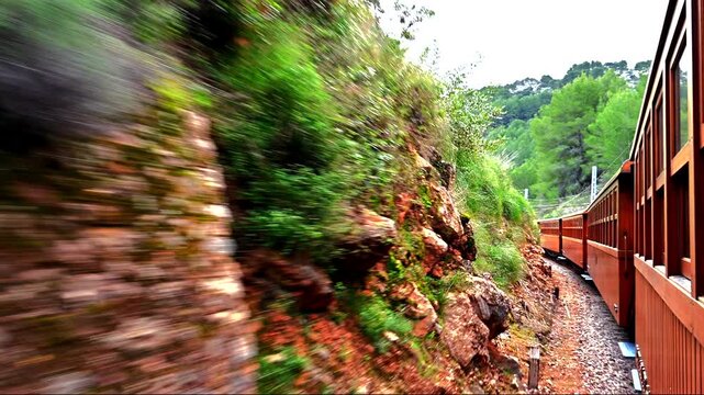 Historic train ride from Palma Mallorca to Soller town view from the train to the landscape rock