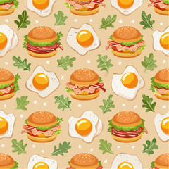 Seamless pattern of breakfast burgers and morning toppings- mini buns, eggs, hash-brown disc