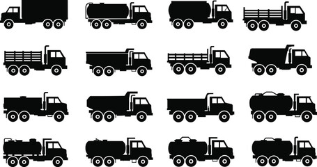 Heavy duty truck silhouettes set, tanker dump cargo and utility transport vehicles collection, black commercial lorry icons isolated on white background © Parmij