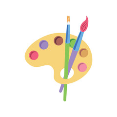 A paintbrush rests on a colorful palette against a solid black background.