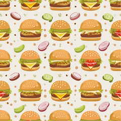 Seamless vector pattern of gourmet mini-burgers and ingredients- cross-section burgers