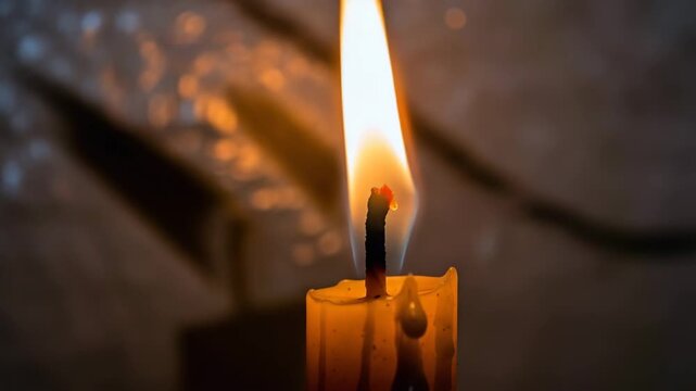 Candle flame illuminating dark background in soft natural light  