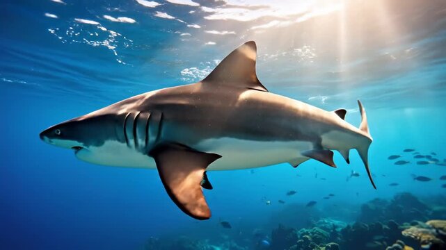Amazing underwater shark swimming in the deep blue ocean with sunlight.
