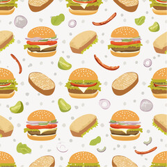 Seamless vector pattern of gourmet mini-burgers and ingredients- cross-section burgers