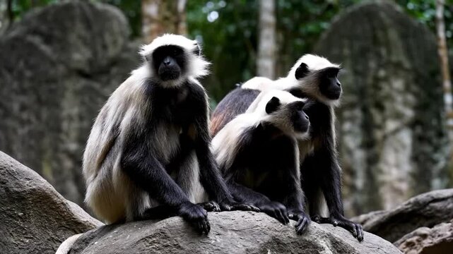 Three black and white colobus monkeys perched on rocks in a forest, viewed from a slightly elevated angle, showcasing their fur and facial expressions in a natural setting.