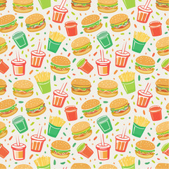 Seamless whimsical pattern of fast-food burger icons- smiling burger faces, tiny fries, drinks
