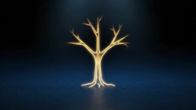 Hyper realistic abstract golden tree formed from thin glowing lines emerging from deep navy surface, subtle branching upward symbolizing generational wealth, soft cinematic spotlight
