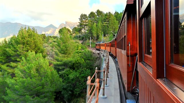 Historic train ride from Palma Mallorca to Soller town view from the train to the landscape bridge
