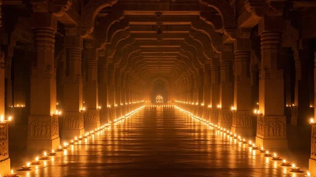 Illuminated Corridor with Stone Pillars and Flickering Candle Lights