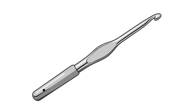 Metal crochet hook with a grey ergonomic handle shown at a diagonal angle against a solid white background for craft projects.