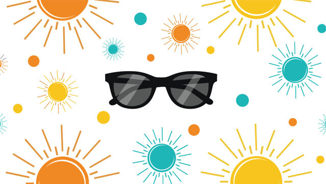 Summer pattern featuring various styles of sun icons and black sunglasses scattered across a clean white background for seasonal designs.