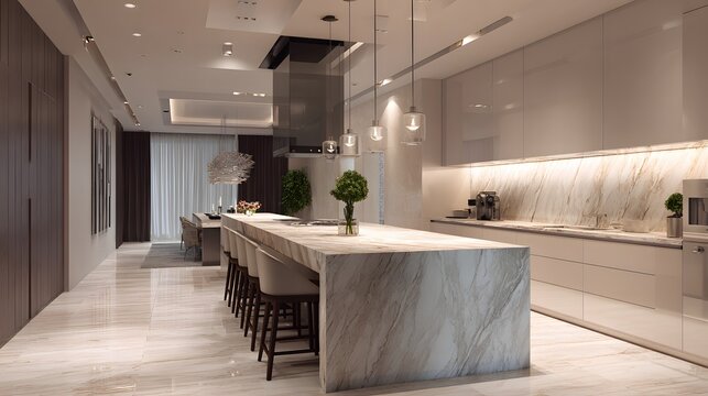 Luxurious Modern Kitchen with Full Marble Surfaces and Warm Lighting