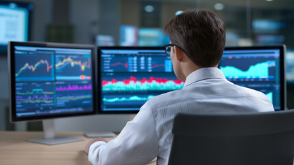 Fototapeta premium Data analyst working at computer with financial charts and analytics dashboard on monitors.