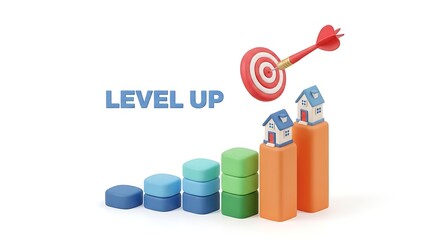 Obraz premium A colorful 3d illustration of a level up concept with coins and a target.