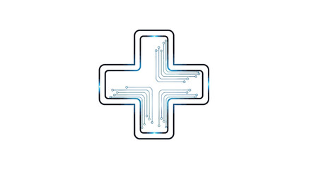 Obraz premium Innovative digital plus sign with integrated circuit lines, representing advanced technology in healthcare, growth, and interconnected solutions for modern well-being