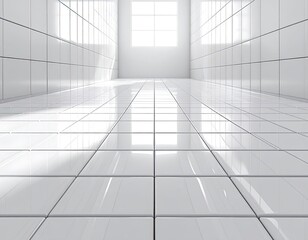 Obraz premium Minimalist white tiled room with bright natural light from a central window.