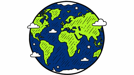 Fototapeta premium Hand drawn sketch of planet earth globe with green continents and blue oceans isolated on white background, concept for environmental care, global sustainability and geography education