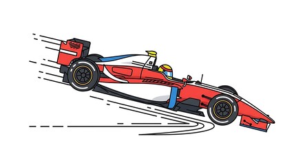 Obraz premium Racing car speeding with driver in cockpit, motion blur effect, dynamic illustration, white background, side view