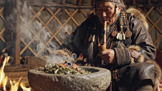 Elderly Shaman Preparing Herbs in Traditional Hut.
