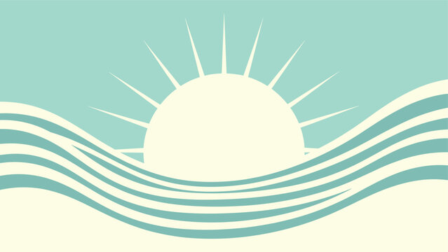 Minimalist illustration of a large sun rising or setting over wavy lines representing the sea on a light blue background.