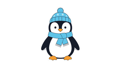 Fototapeta premium Adorable illustration of a cartoon penguin wearing a blue knit hat and matching scarf symbolizes winter charm and cold weather.